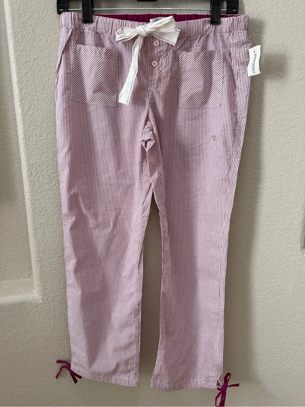 Striped Pink Drawstring Cotton Pajama Pants with Ankle Ties